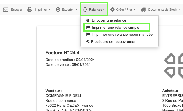 Imprimer Facture Relance Depuis Aperçu Facture Impayée