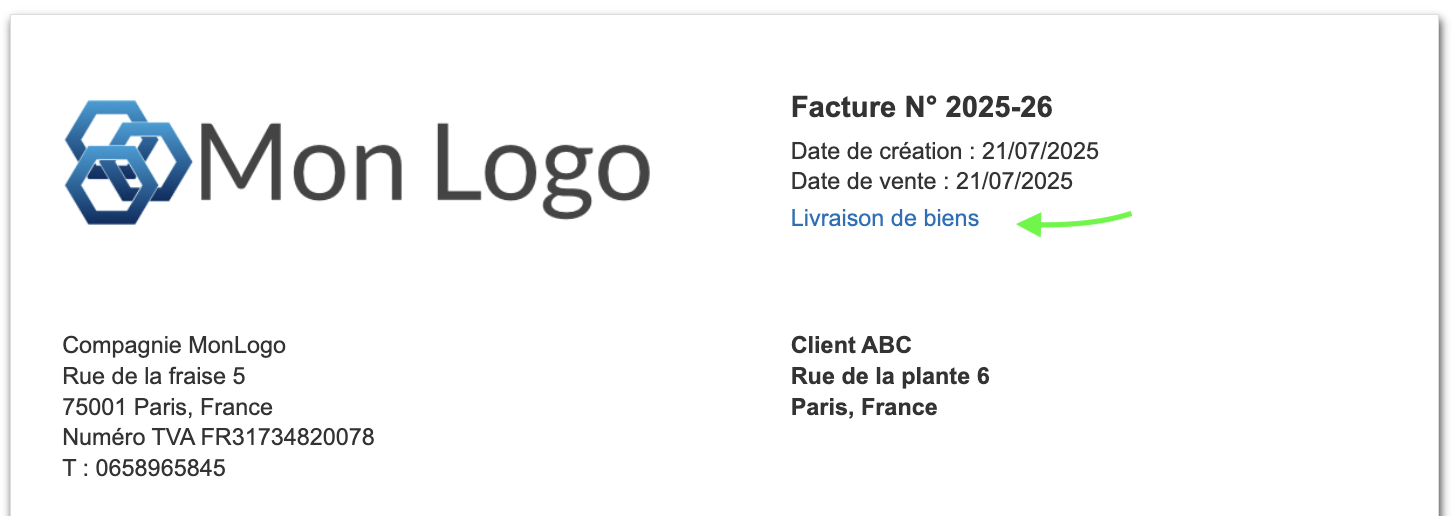 Après de la mention Type de transaction sur facture en couleur