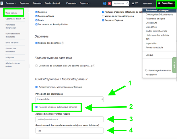 Facturation AutoEntrepreneur Paramétrage