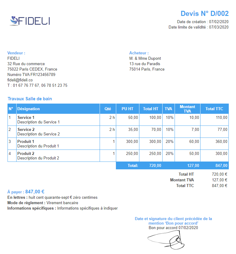 Facturation Devis Document non comptable Signé accepté bon pour accord