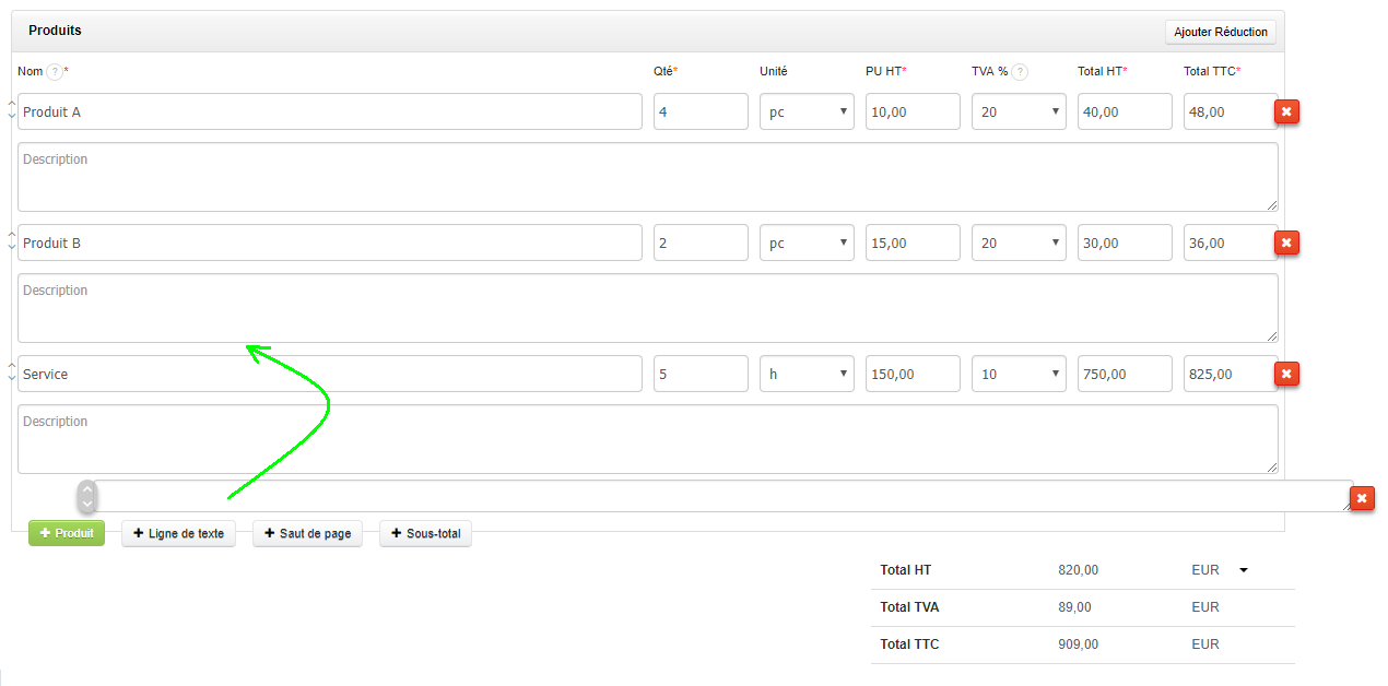 Insérer des Lignes de Texte dans le Tableau des Documents Facture aéré Mention Facturation VosFactures