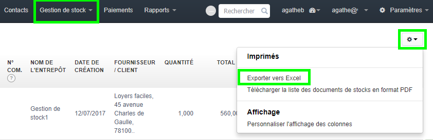 Facturation Exporter Document Stock Excel