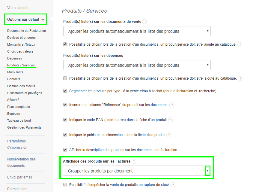 Facturation Activation Option Grouper Produits Document Stock