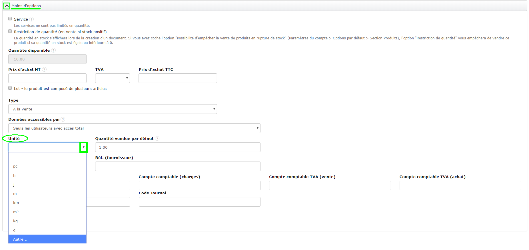 Facturation Plus Options Produit Unité