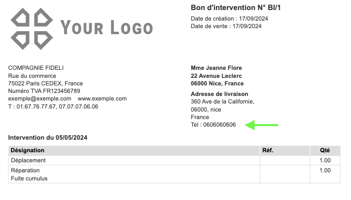 Exemple Bon d'intervention avec coordonnées acheteur