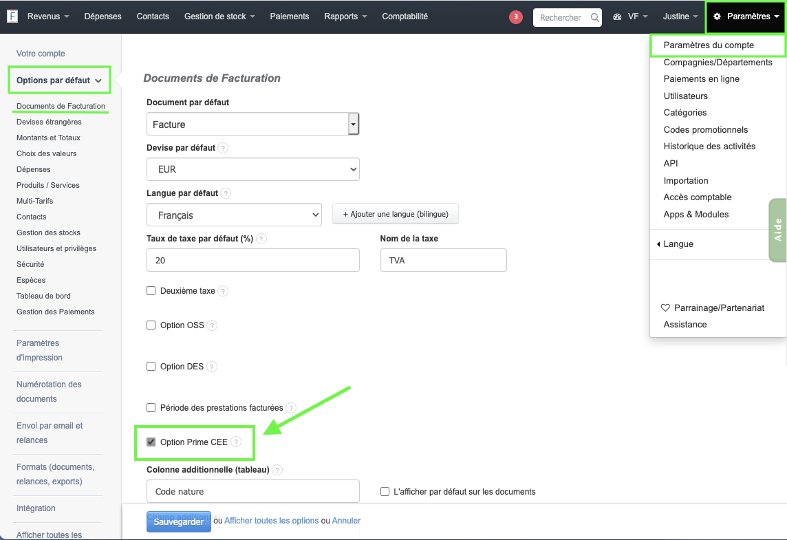 Logiciel de Facturation Option Prime CEE