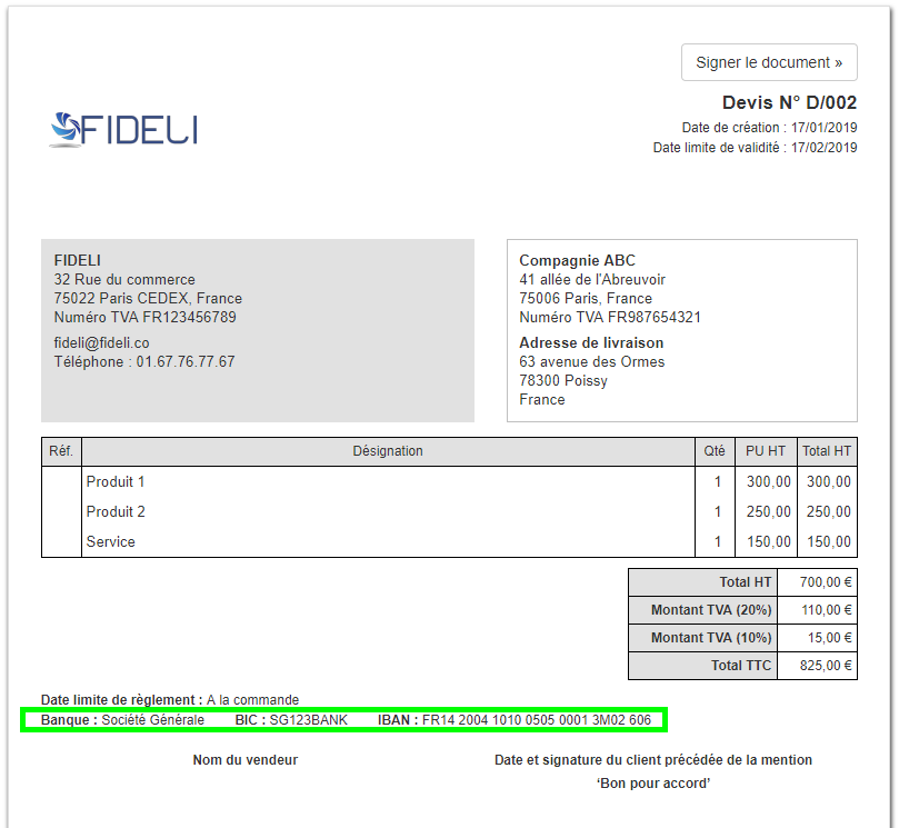 Supprimer les Coordonnées Bancaires sur les Devis