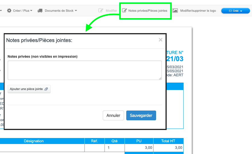 Logiciel Facturation Créer Factures Notes privées Pièces jointes