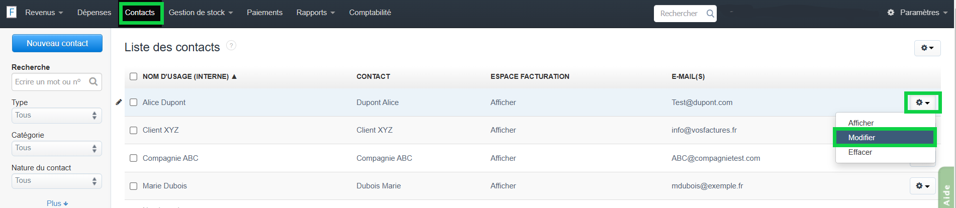 Modifier un contact, client, fournisseur depuis la liste des contacts. 