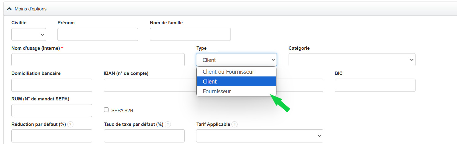Segmentation du contact par type : Client ou Fournisseur depuis la fiche du contact.