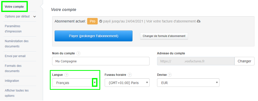 Changer la Langue par Défaut de l'Interface VosFactures