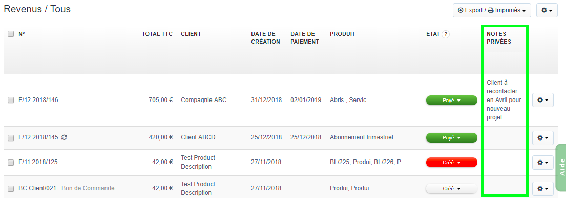 Ajout Notes Privées Visible par Auteur Option Utile Facturation VosFactures.fr