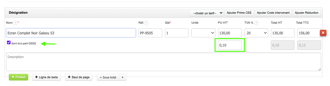 Créer une facture Devis avec produit éco-taxe éco-contribution