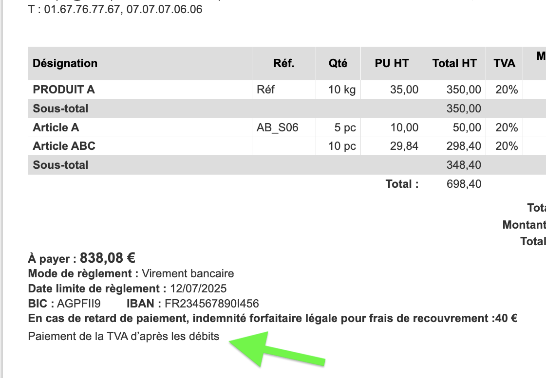 Exemple facture avec mention paiement TVA sur les débits