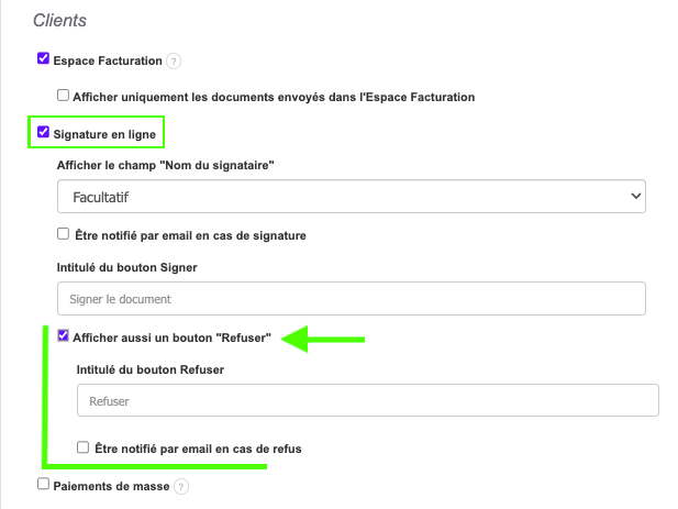 Paramètre pour activer l'option Refuser un devis, bon de commande, bon d'intervention 
