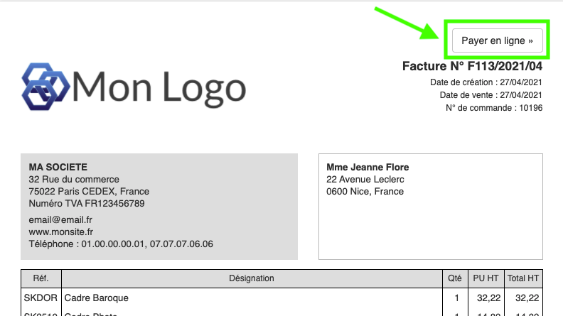 Facturation Paiement en ligne de vos factures de vente ou devis ou acompte 