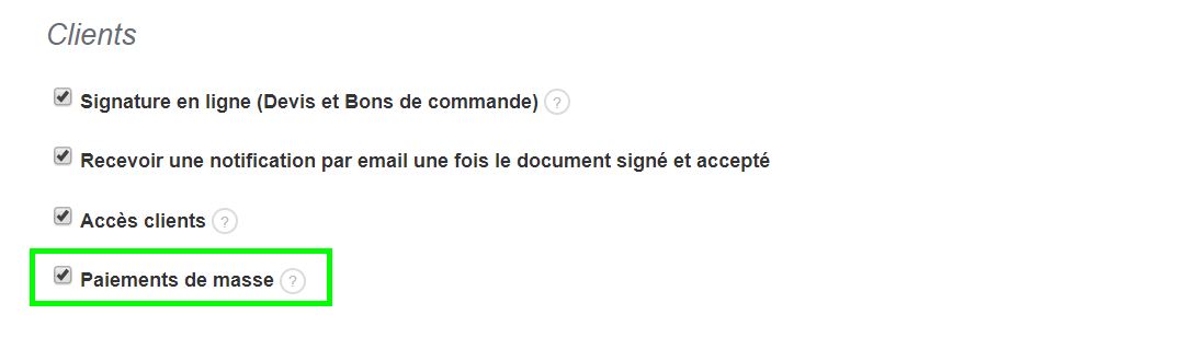 Paiement De Masse Activation Option Facturation