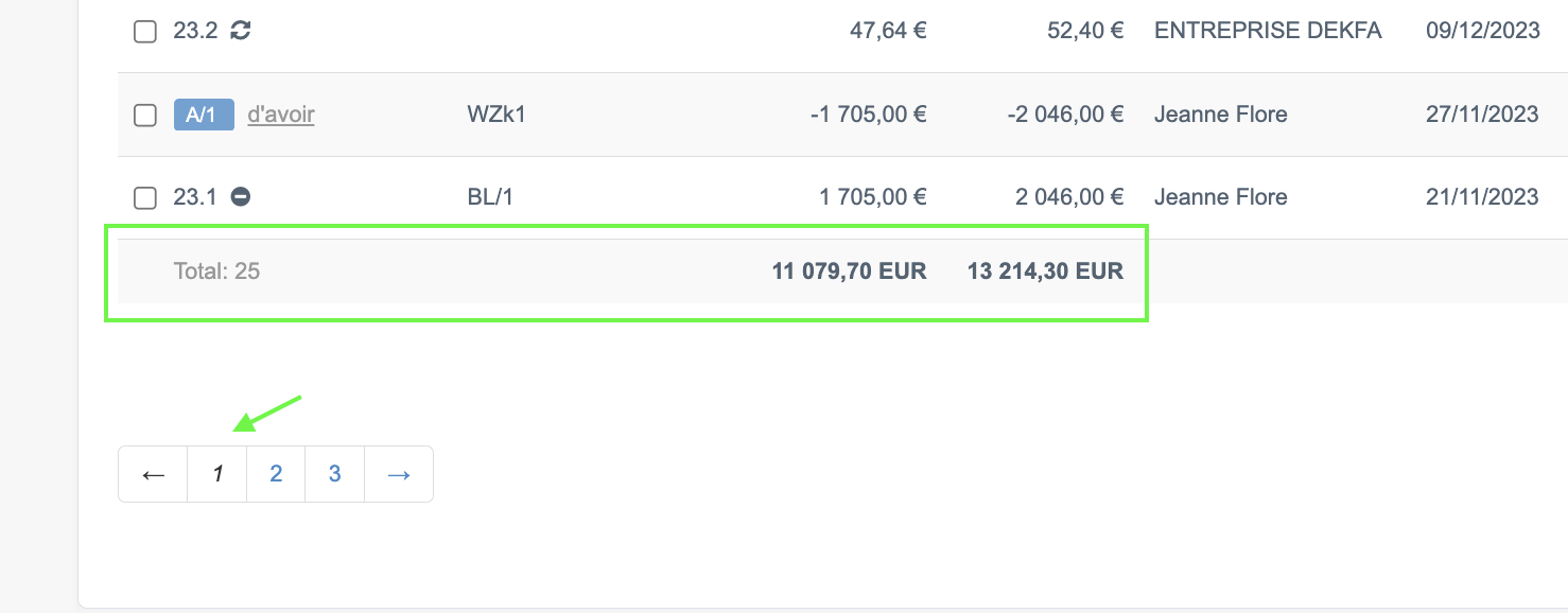 Facturation Affichage Liste Total Facturé