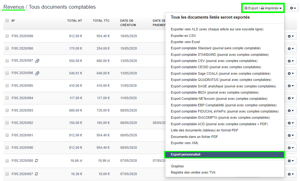 Facturation Export Exporter des document Journal de vente Personnalisé VosFactures