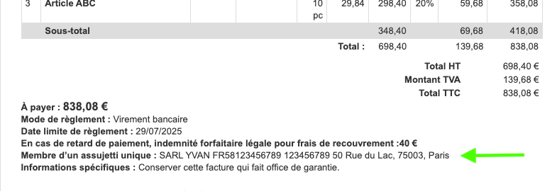 Exemple Facture mention membre Assujetti Unique