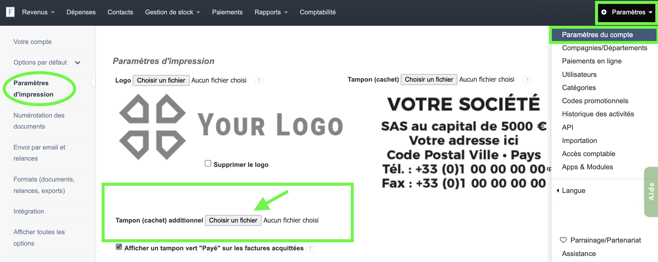 Personnaliser Factures Devis tampon cachet