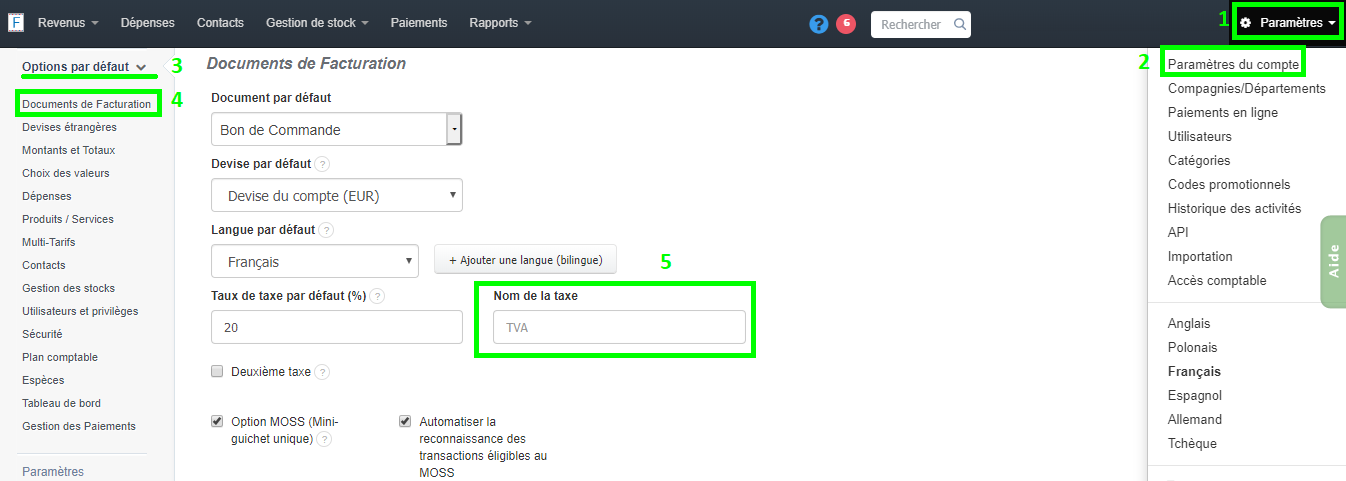 Changer Nom Taxe sur Facture Personnalisation Documents TVA Facturation TTC