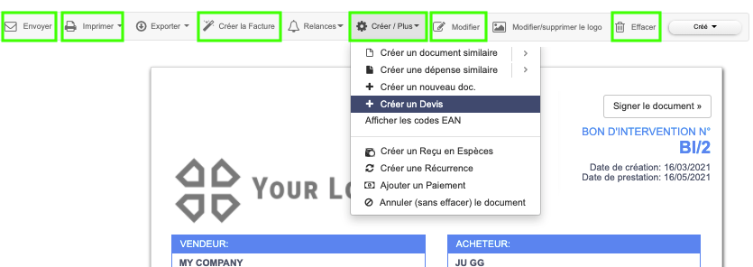 Logiciel Création Bon d'intervention Facture Devis