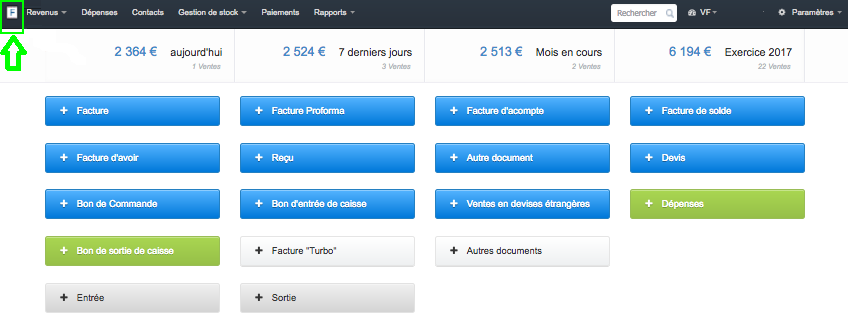 Page D’accueil Tableau de Bord Visibilité Revenu Dépenses Facturation Facture VosFactures 
