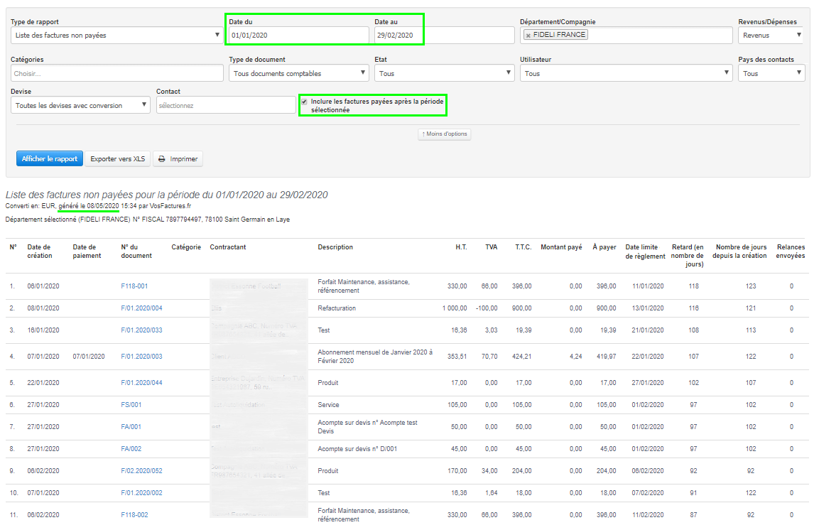 Facturation Rapport liste des Factures impayés Retard Paiement VosFactures