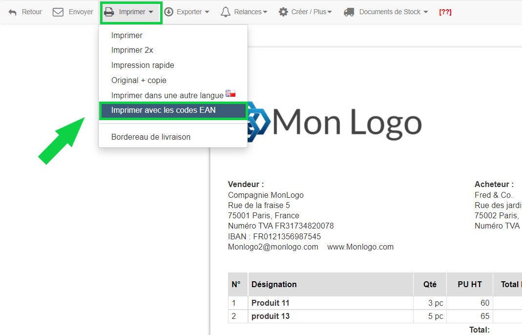 Facturer Imprimer Facture PDF Code-barres produits 
