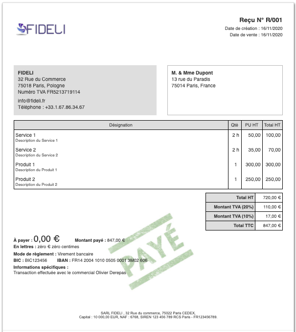 Exemple modèle Reçu facture Payé