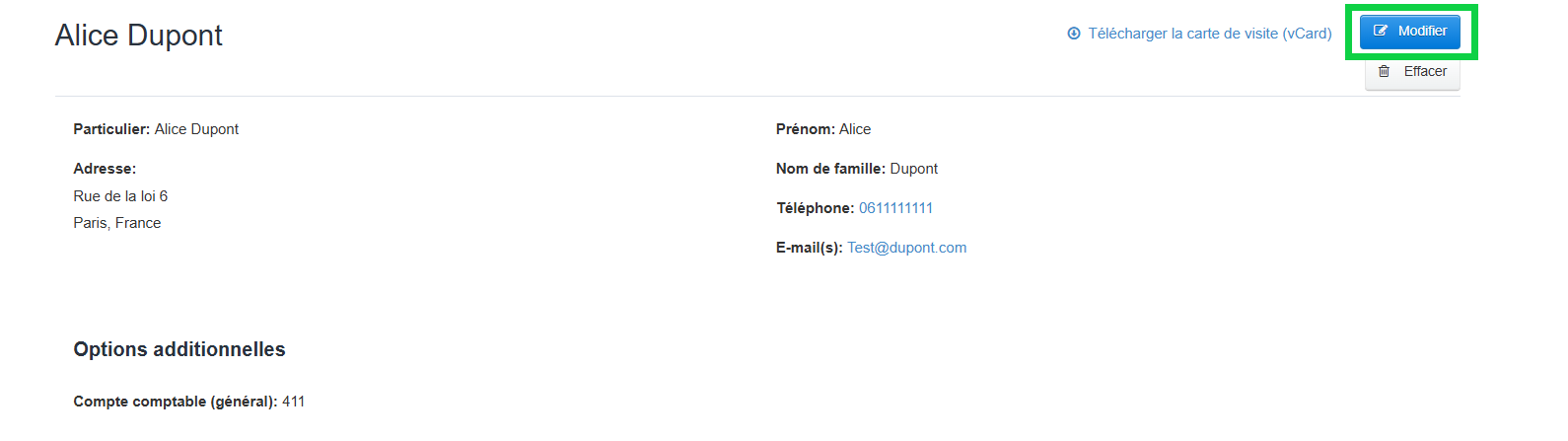 Modifier un contact, client, fournisseur depuis la fiche du contact