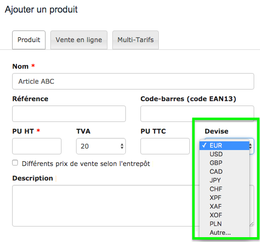 Devise du Produit Service COmpte Option VosFactures.fr Facturation 