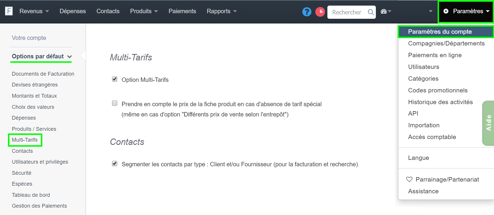Activation Option Multitarifs Paramètres