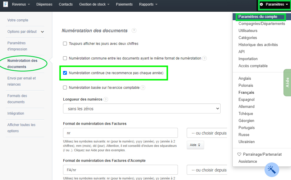 Facturation Numérotation automatique chronologique continue 