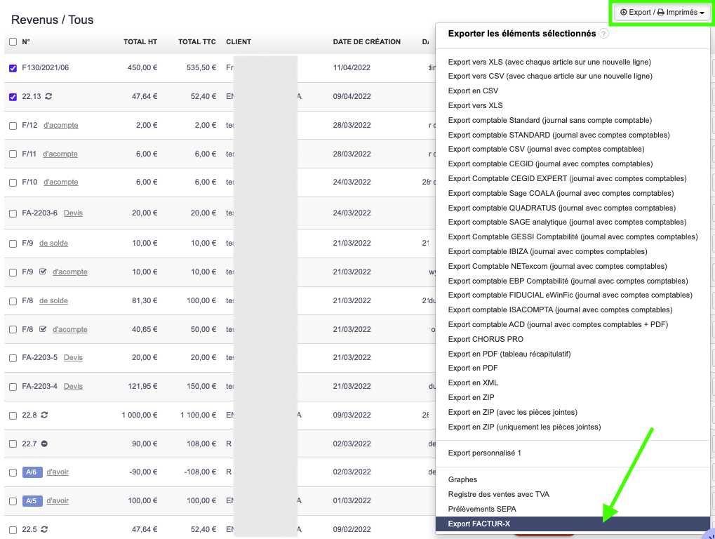 Export groupé plusieurs factures téléchargement Factur-x