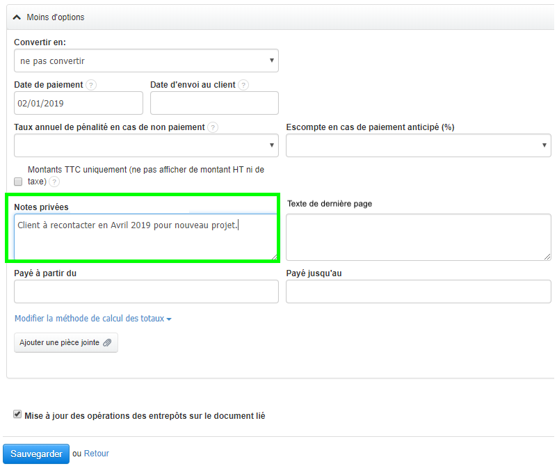Ajout Notes Privées Visible par Auteur Option Utile Facturation VosFactures.fr