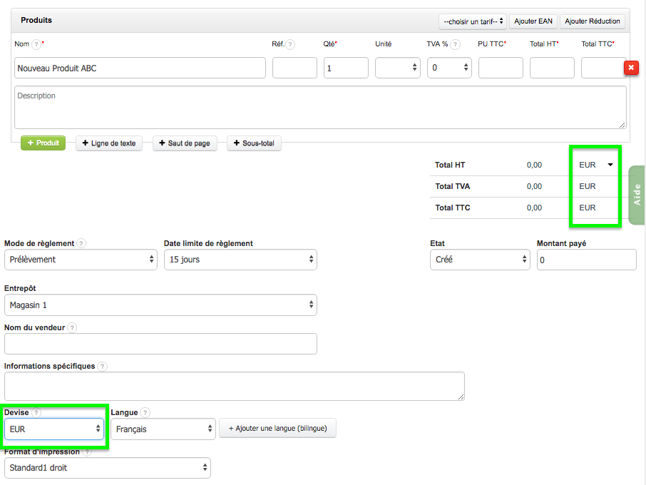 Devise du Produit Service COmpte Option VosFactures.fr Facturation 
