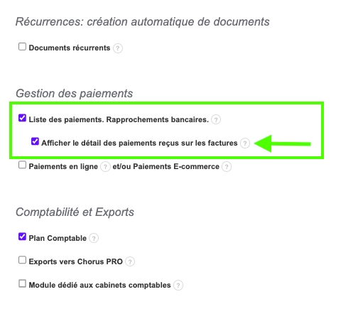 Activation Option Affichage Détail Paiement Sur Factures