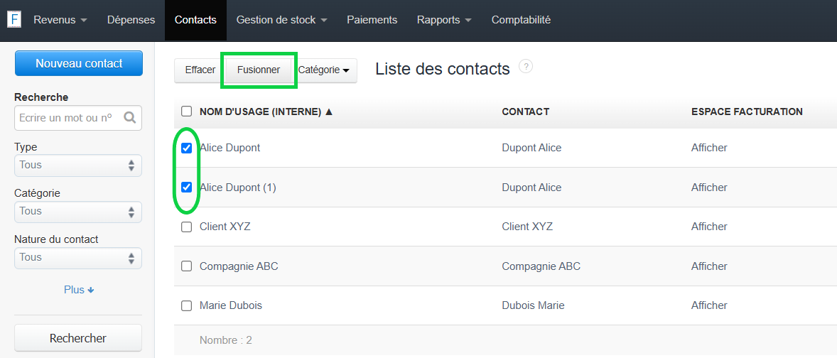 Fusionner des contacts, clients ou fournisseurs 