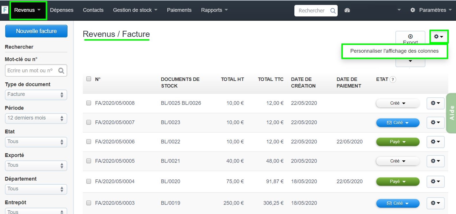 Marge Activer Personnalisation Colonne Facture