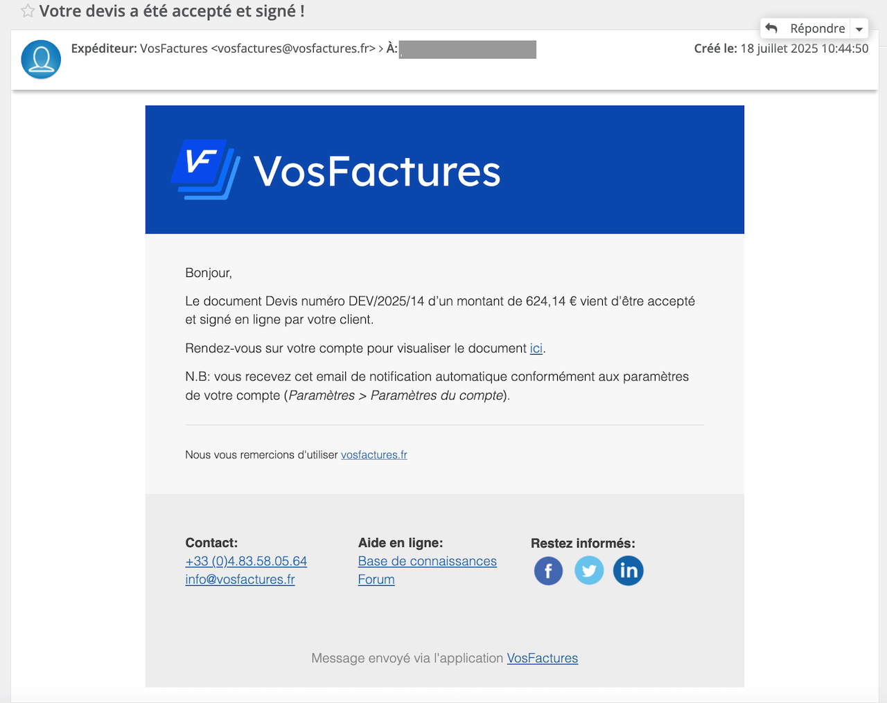 Notification devis signé et accepté par le client