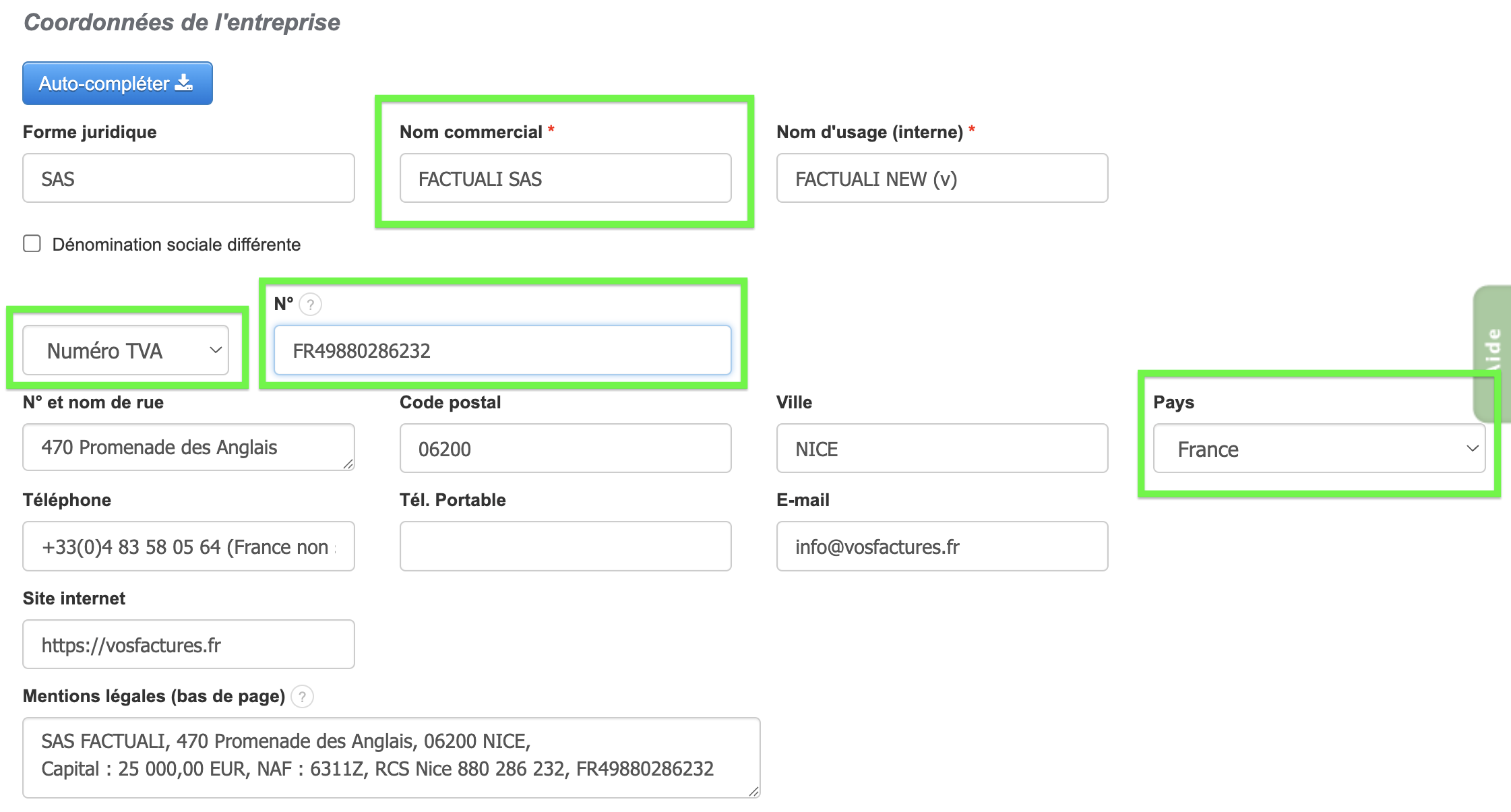 Coordonnées entreprise inscription Peppol