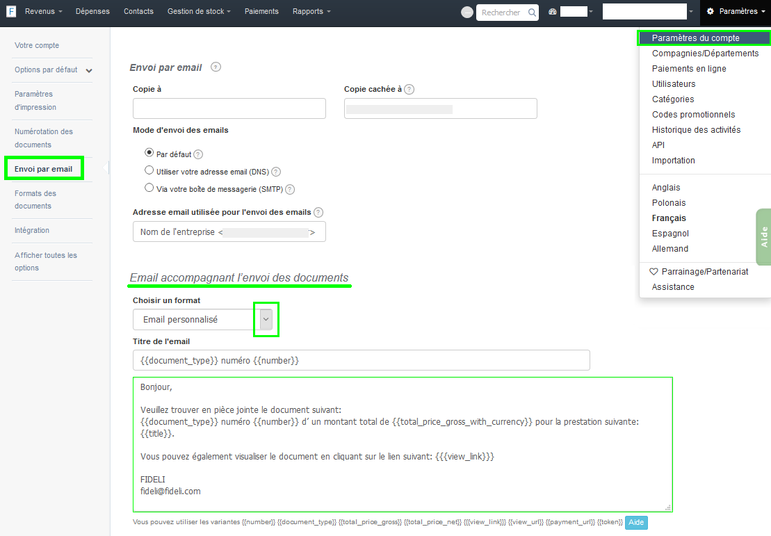 Personnaliser Titre et Texte des Emails Type de Documents Envoyés Vosfactures.fr
