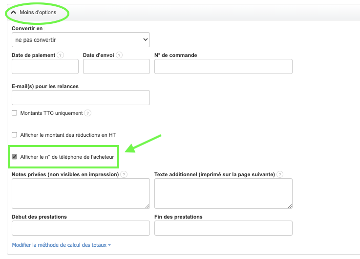 Options Personnalisation Affichage Factures Devis 