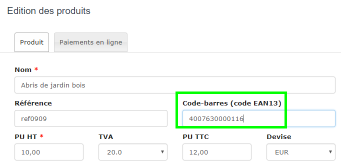 Facturation Fiche Produit Insérer Code EAN