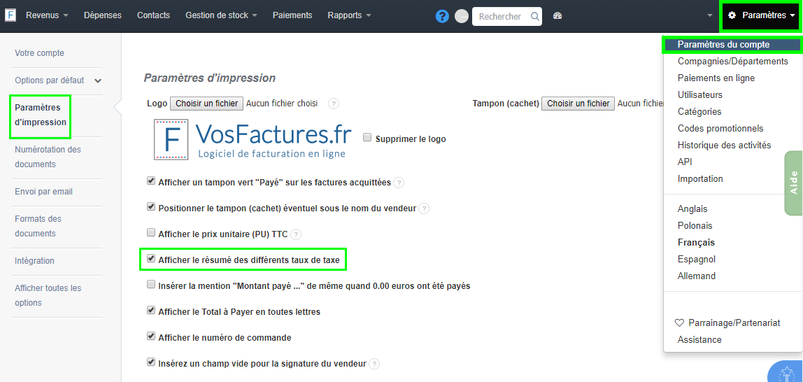 Flexibilité Taux Personnalisé Taxe Facturation Facture