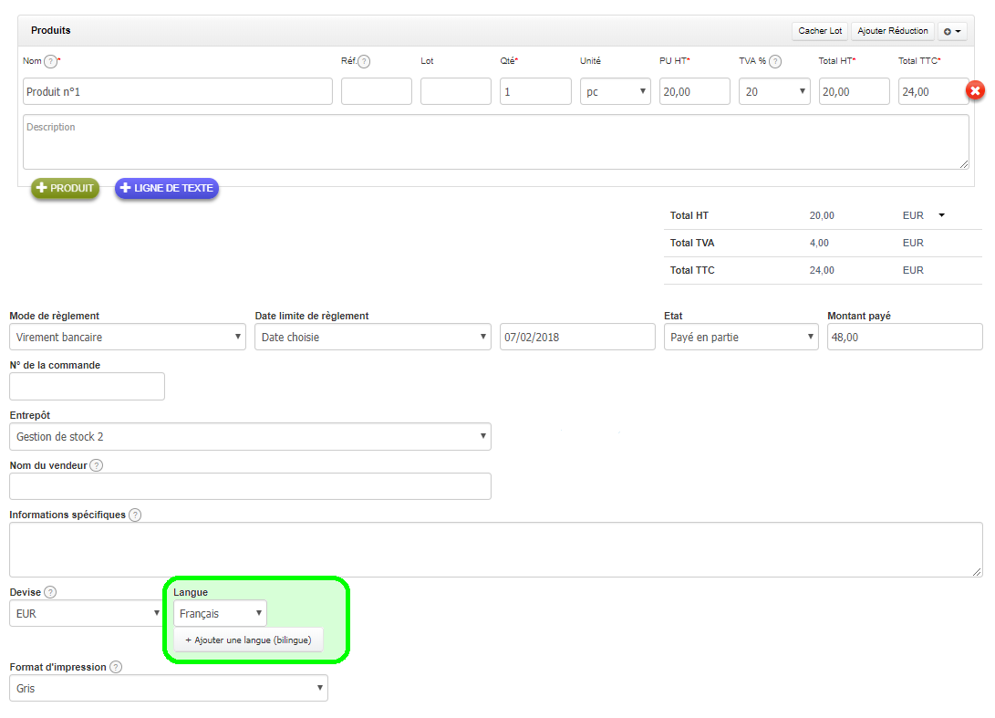 Langues Proposées Choix des langues Option VosFactures.fr Facturation Internationale