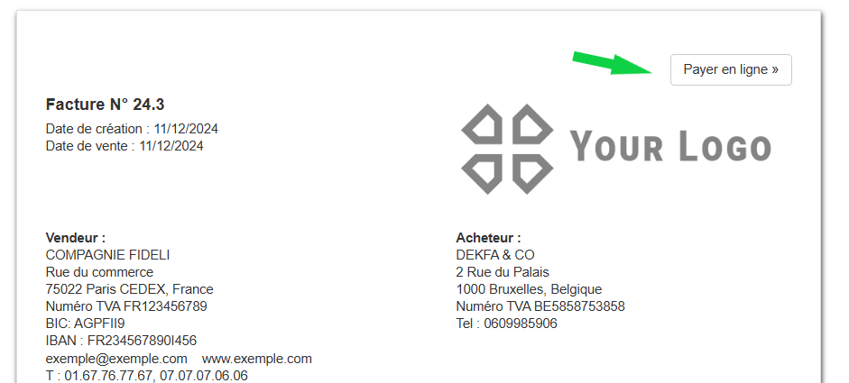 Bouton "Payer en ligne" sur les documents de facturation (factures, devis)