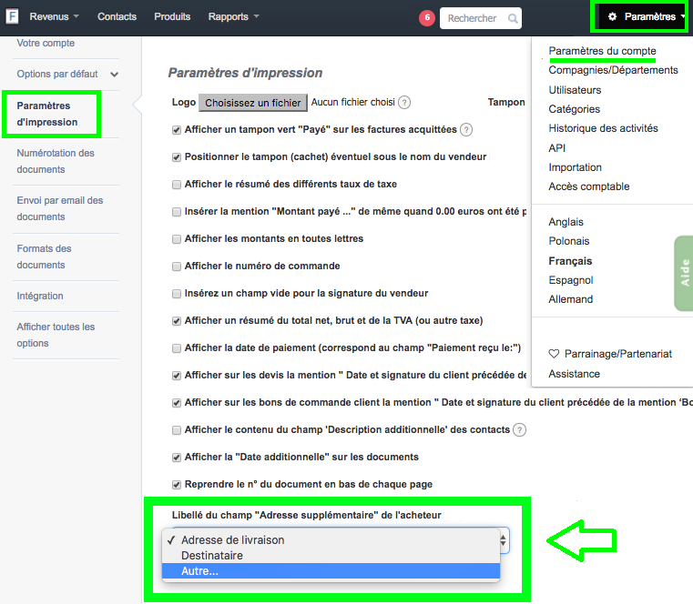 Renseigner Adresse supplémentaire Contact Fonctionnalité VosFactures Création/Modification du Document
